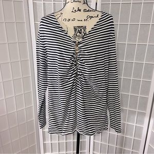 Michael Kors Size 3X Striped Long Sleeve Zippered Blouse Black White